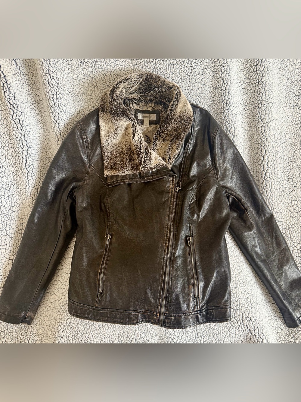 dressbarn Dark Brown Leather Jacket with Faux Fur Shawl Collar